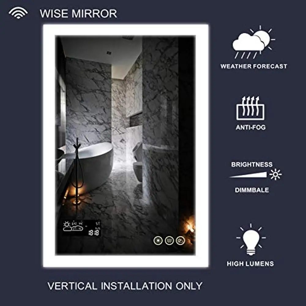Smart Dimmable Bathroom Mirror with Defogger Weather Forecast Memory Touch High Lumen Vanity