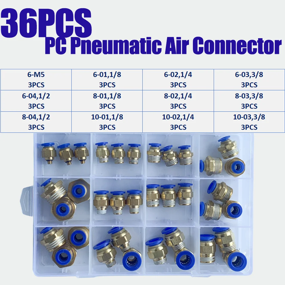 

36pcs PC Pneumatic Quick Release Fitting Connector 6 81012mm OD Hose Tube to 1/8 1/4 3/8 1/2 Thread Air Compressor Joint Coupler