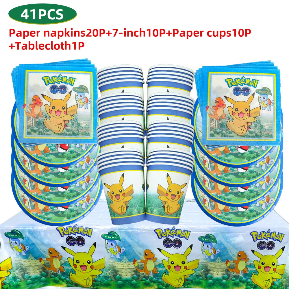 TAKARA TOMY Pikachu Pokemon Birthday Decoration Disposable Cutlery Cup Plate Napkin Tablecloth Bag Baby Shower Party Supplies