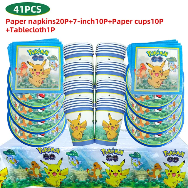 TAKARA TOMY Pikachu Pokemon Birthday Decoration Disposable Cutlery Cup Plate Napkin Tablecloth Bag Baby Shower Party Supplies 41PCS