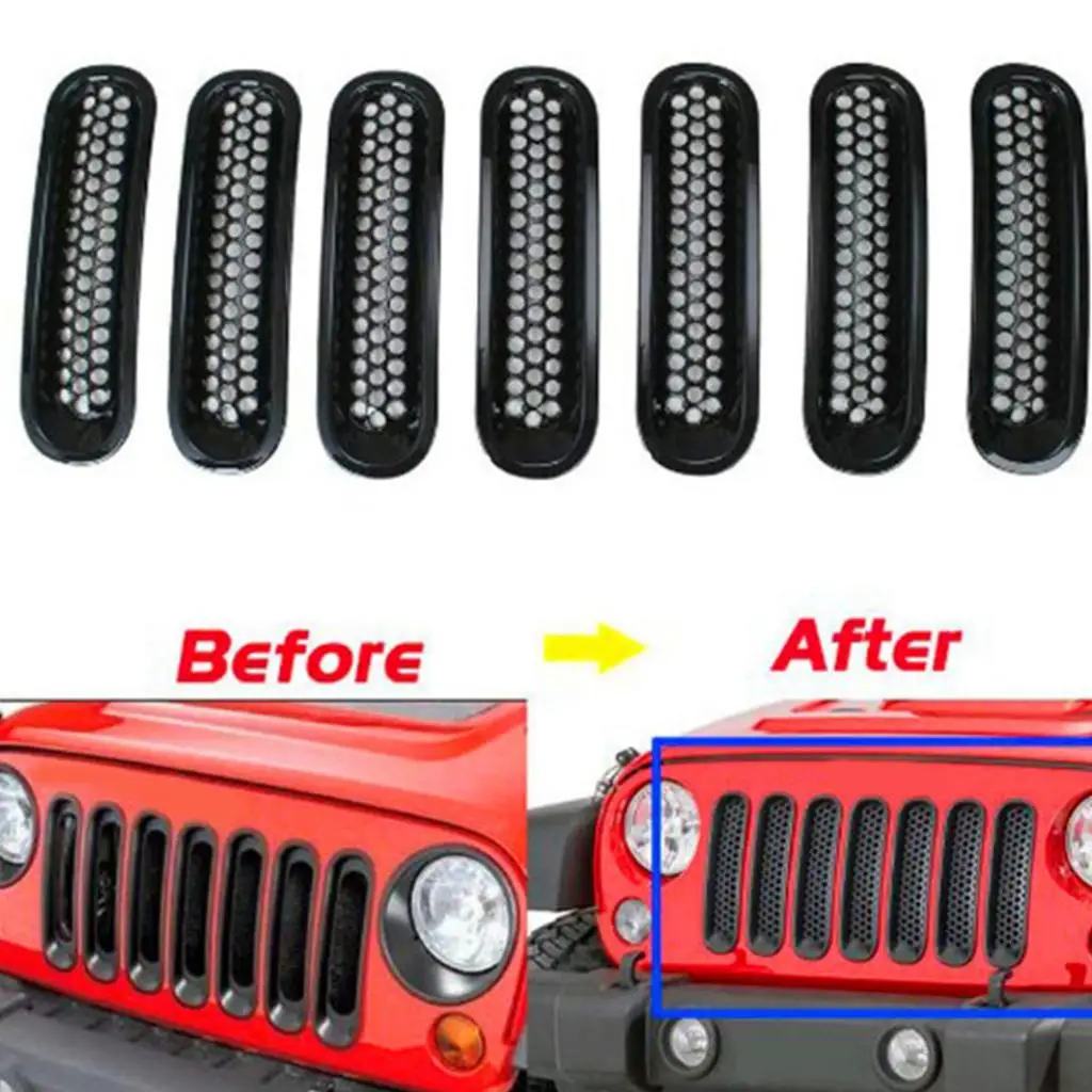 7pcs Trim Front Grille Cover Insert Mesh Grills for 07-16 Jeep Wrangler JK