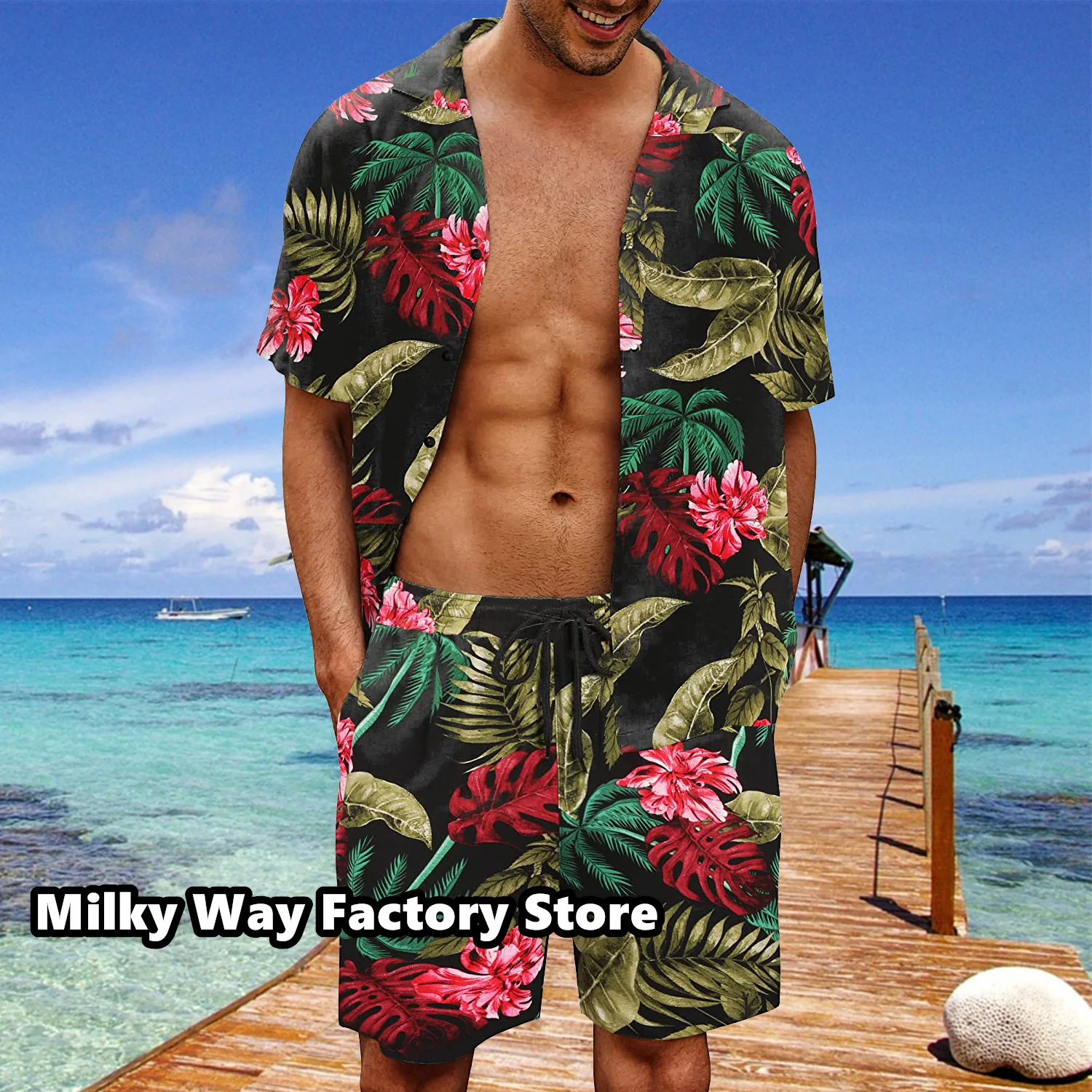 Summer Hawaii Casual Beach Men's Top Shirt+Shorts Pants 3D Brand Print  Daily Vacation Fashion Male Two Outfit S-4XL Oversized