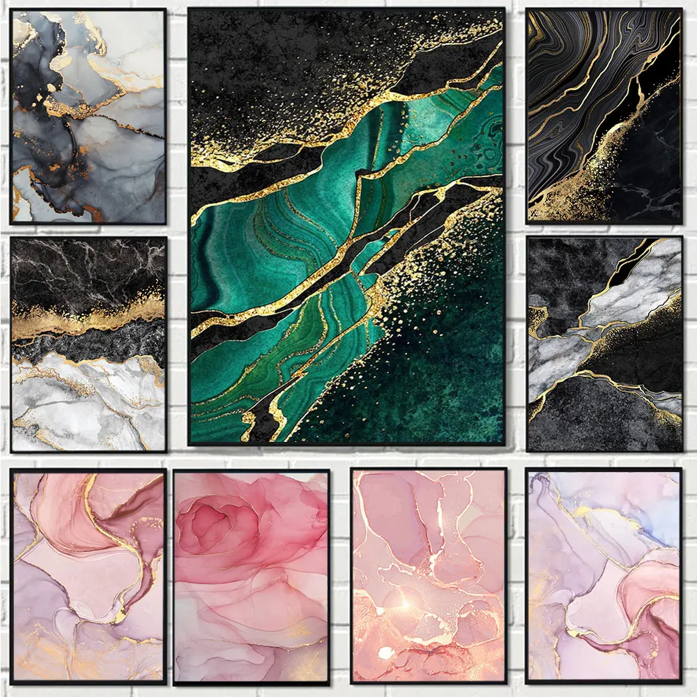 Abstract Pink Golden Blue Marble Texture Poster And Prints Canvas