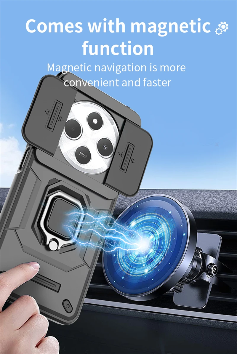Armor Protective Case with Car Magnetic Ring Stand and Slide Lens Cover
