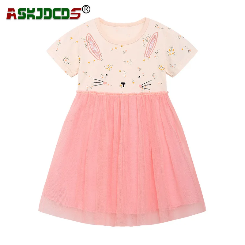 

2023 New In Summer Clothing Dress Kids Baby Girls Short Sleeve Cartoon Bunny Print Patchwork lace Dresses Children Casual