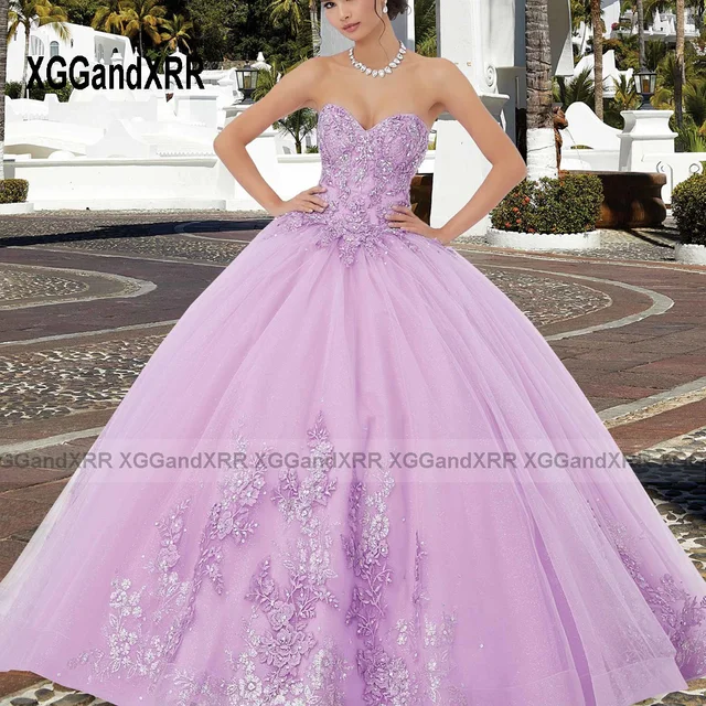 Robe de bal élégante princesse violet clair robes de Quinceanera gonflées  sur l'épaule appliques douce 15 16 robe de bal robes de reconstitution