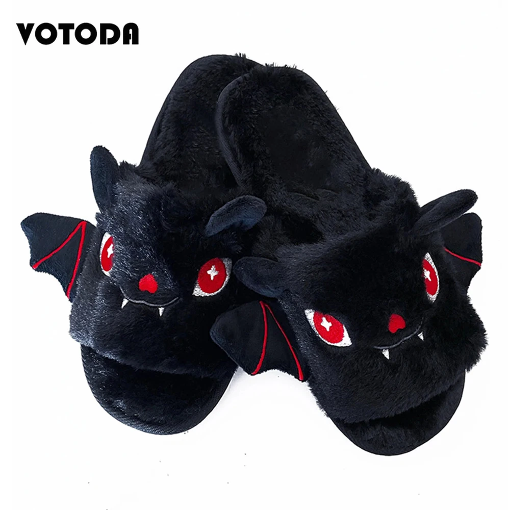 

Winter Women Halloween Gray Bat Slippers Cartoon Cute Furry Warm Flat Home Plush Slides Men Halloween Bat Slipper Socks Set