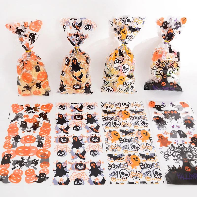 50Pcs Happy Halloween Candy Bag Trick Or Treat Pumpkin Ghost Skull Cookie Snack Gift Packaging Bags Halloween Party Decorations