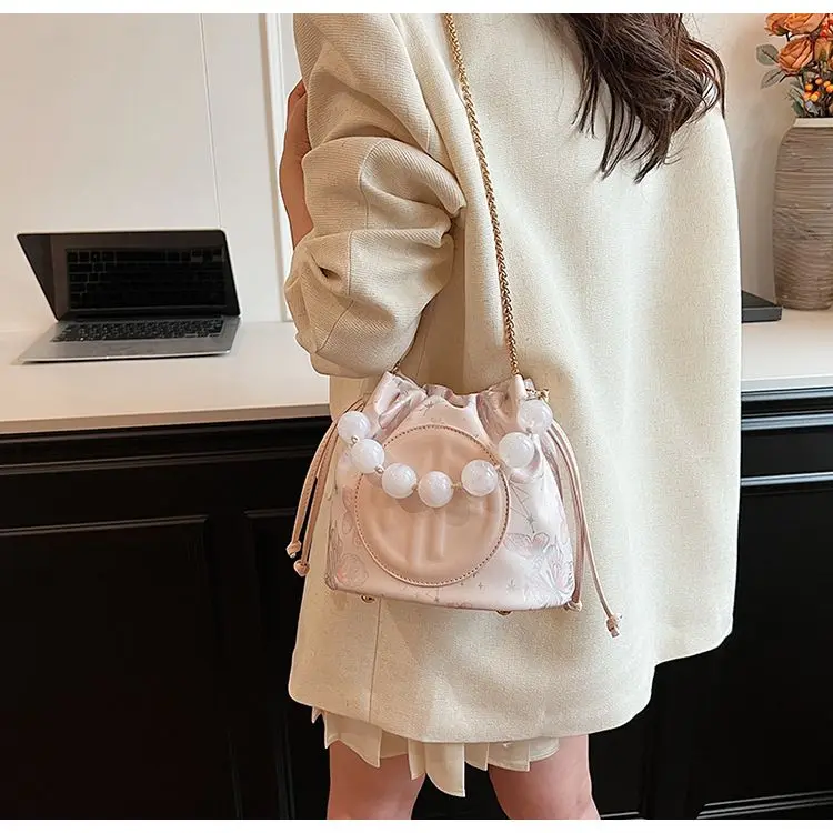 Sweet Drawstring Gather Bucket Bag Women Butterfly Print Patchwork Shoulder Bags Ladies Beaded Handle Elegant Crossbody Bag 2025