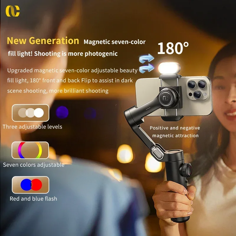 AOCHUAN 3-Axis Handheld Gimbal Stabilizer for Smartphone with Fill Light Vlog Smart XEfor IPhone Android Face Tracking