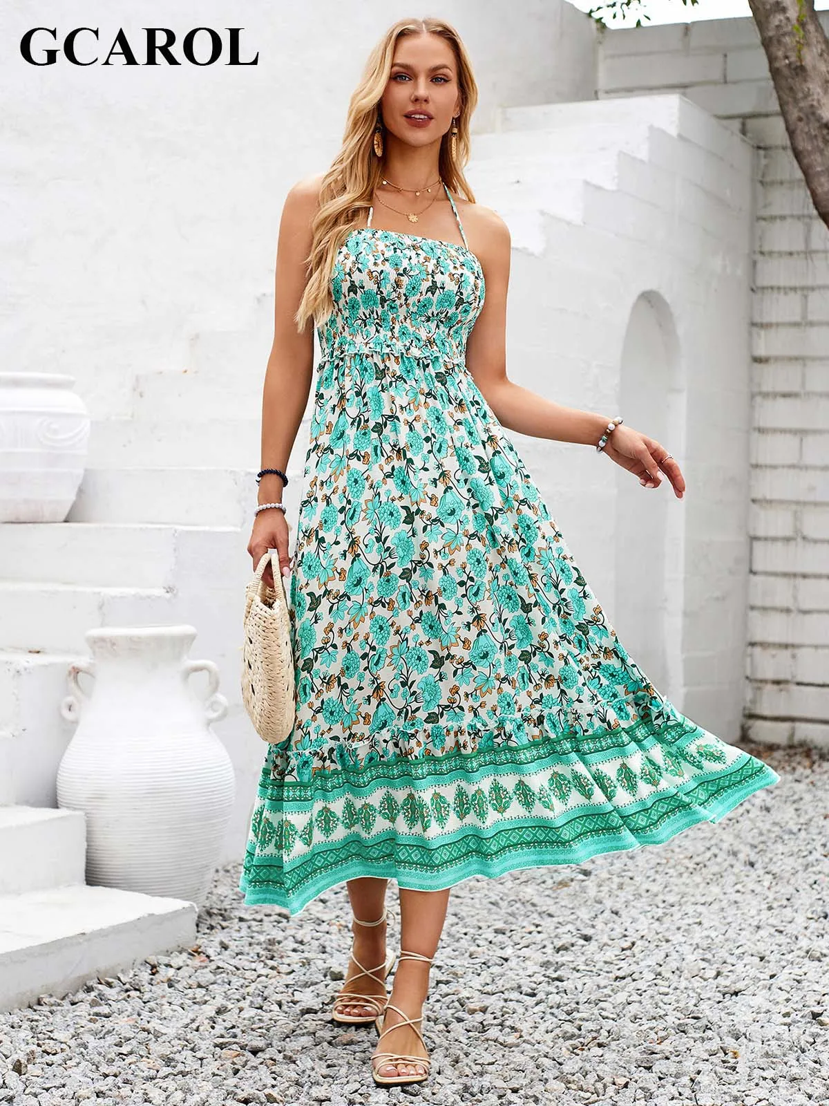 

Женское платье с открытой спиной GCAROL, богемное платье с цветочным принтом, высокой эластичной талией и оборками на шее на весну и лето