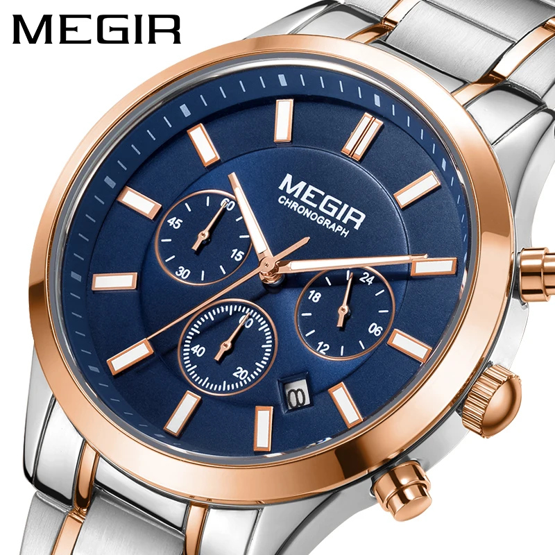 MEGIR Troops Soild Original Wristwatches Steel Strip Multifunctional Timing Simulates A Date Clock Water Resistant+BOX2150G