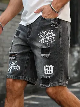 Wholesale men's distressed shorts, fashionable jeans, summer casual style, mid-waist, light color, woven 1