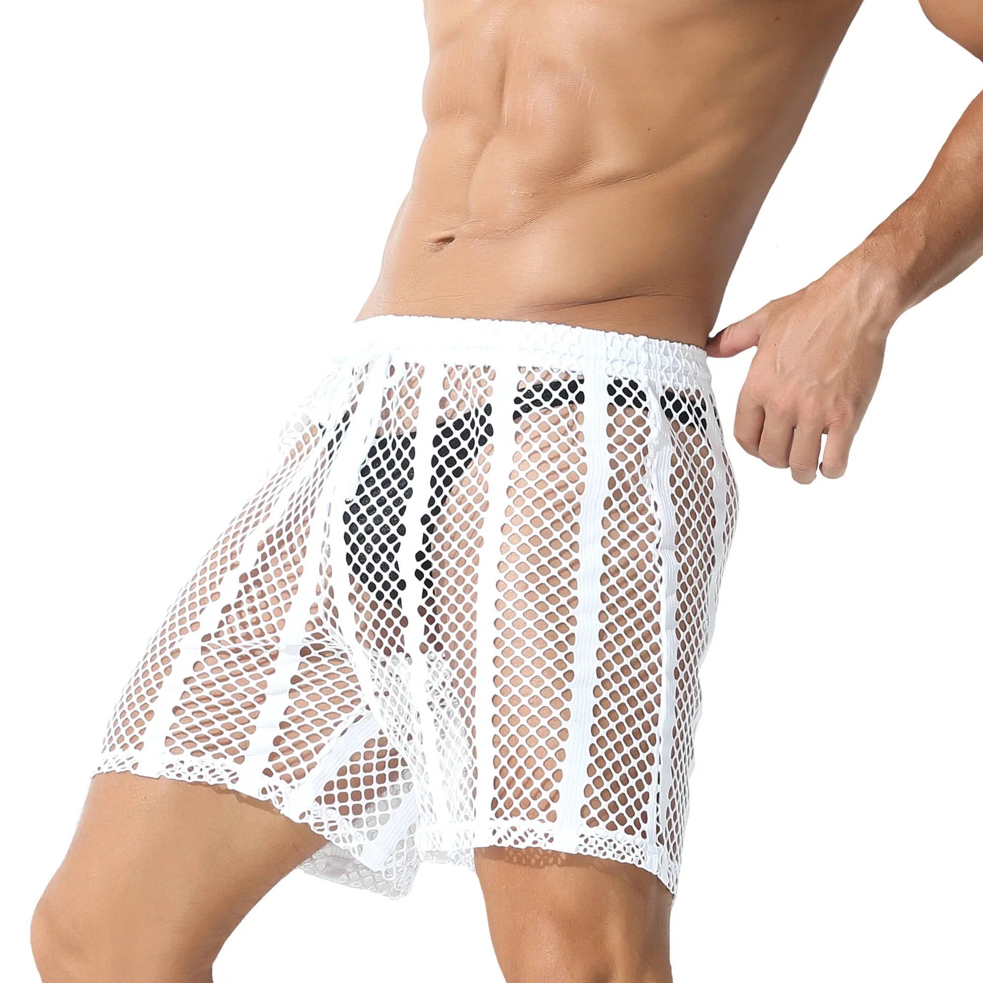 Sexy Men Transparent Boxer Shorts Gay Shorts Stripe Mesh Sheer See Through Sleep Bottom Sleepwear Leisure Homewear Casual Shorts