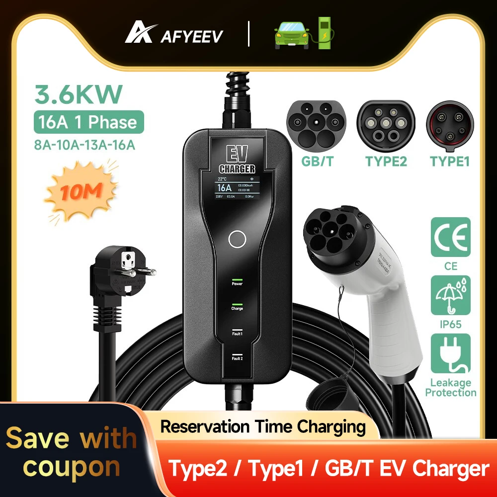 

AFYEEV Portable EV Charger GBT Standard 16A Type2 IEC62196-2 EVSE Charging Cable Type1 SAE J1772 EU Plug Controller Wallbox