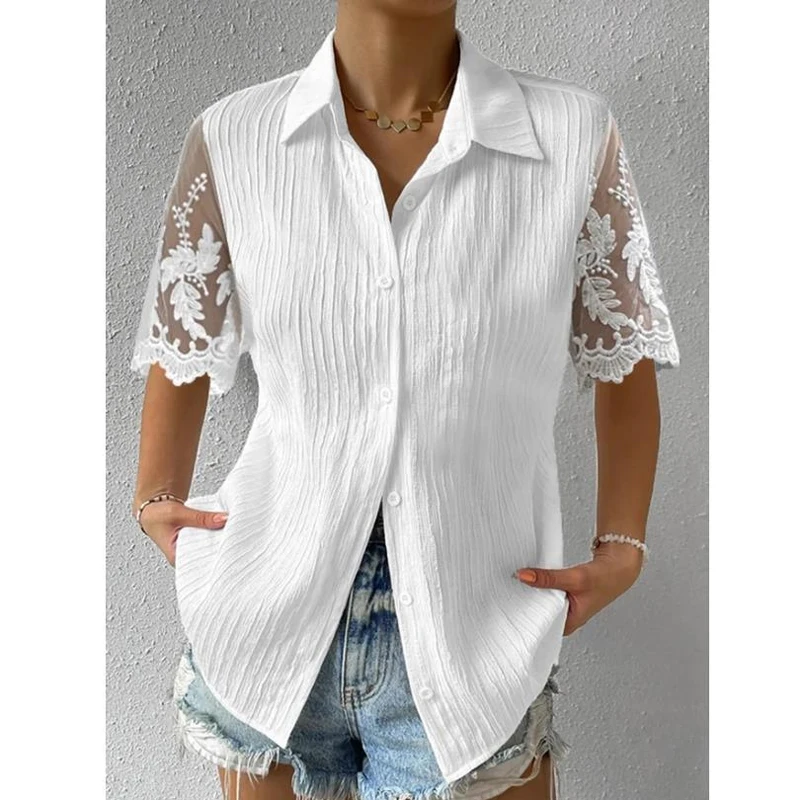 

Vintage White Simple Blouse Office Ladies 2023 Lace Mesh Short Sleeve Summer Lapel Elegant Shirt Women Loose Slim Fit Tops 28321