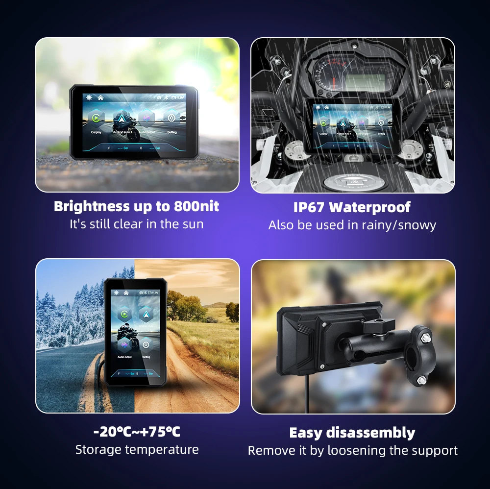 Pantalla Inteligente para Motocicleta de 5 Pulgadas, Apple CarPlay y Android Auto Inalámbricos, Soporte de Navegación, Siri y Asistente de Google, Resistente al Agua IP67 6