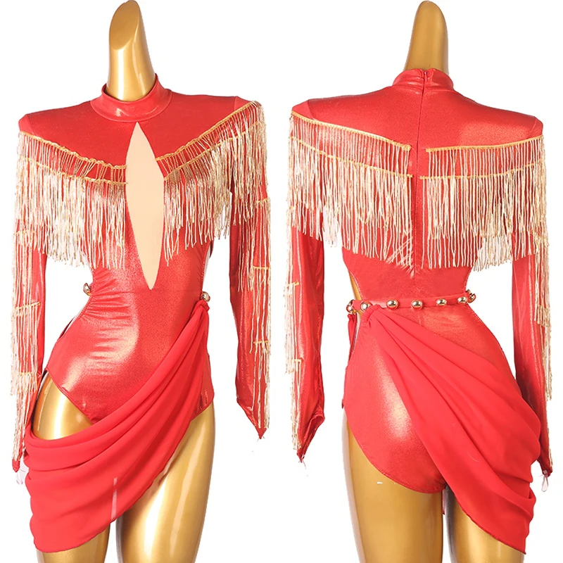 

High End Latin Dance Competition Dress For Women Red Long Sleeved Practice Clothes Adult Chacha Rumba Latin Costumes DQL9118