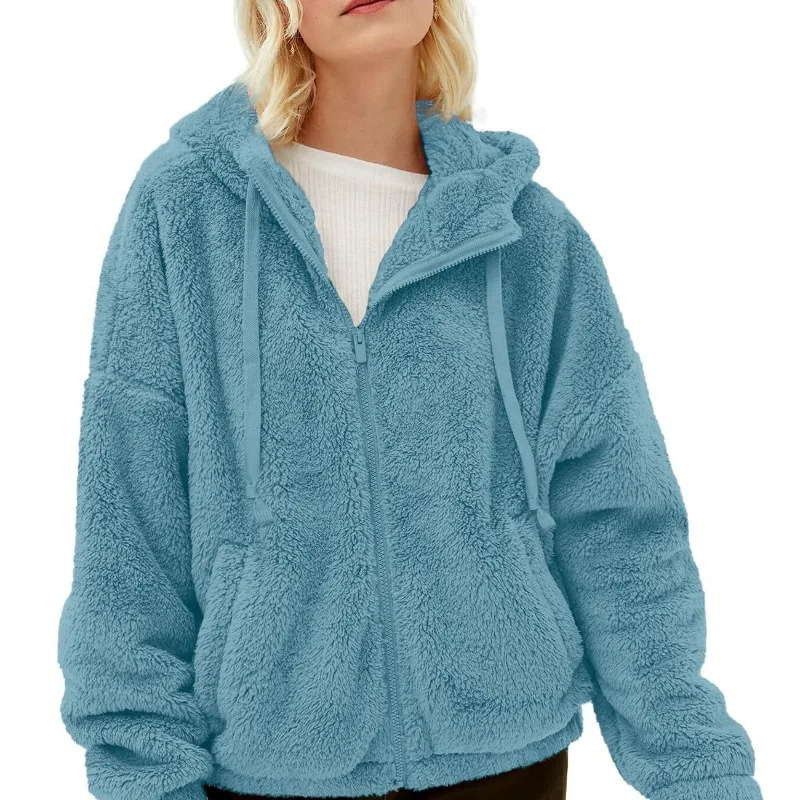 2023 Autumn and Winter Women's HoodedzipperFlocking Solid Color LoosePockets Fashion Casual Elegant Commuter Long SleeveJackets