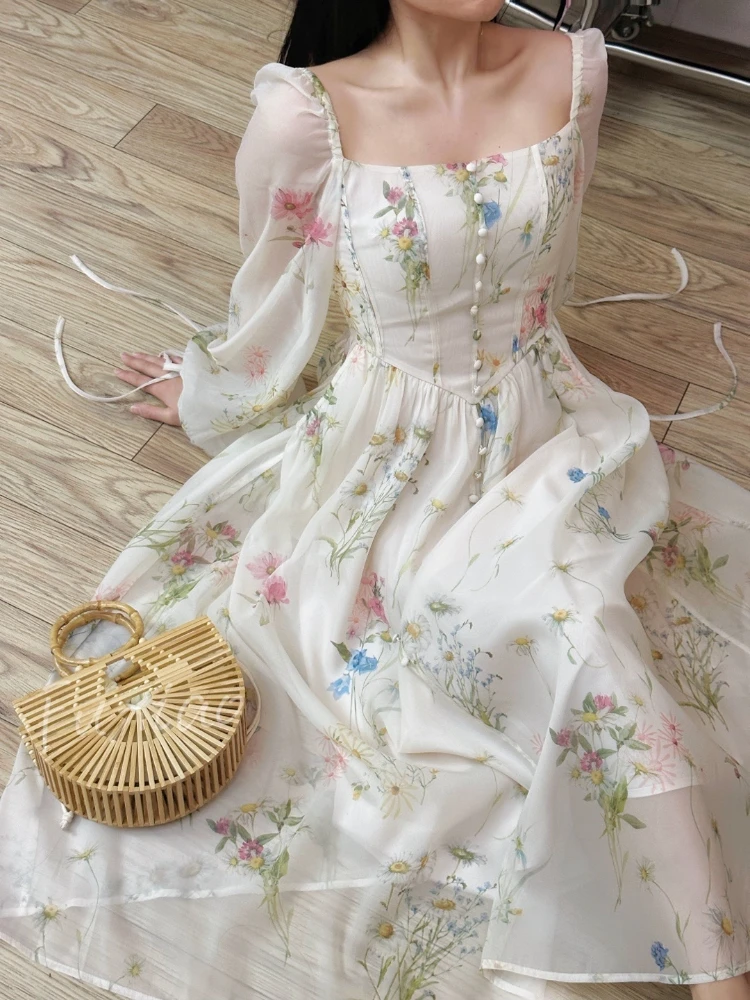 Chiffon Floral Midi Dress Office Lady 2023 Summer Elegant One Piece Dress Korean Fashion Beach Style Causal Long Sleeve Sundress