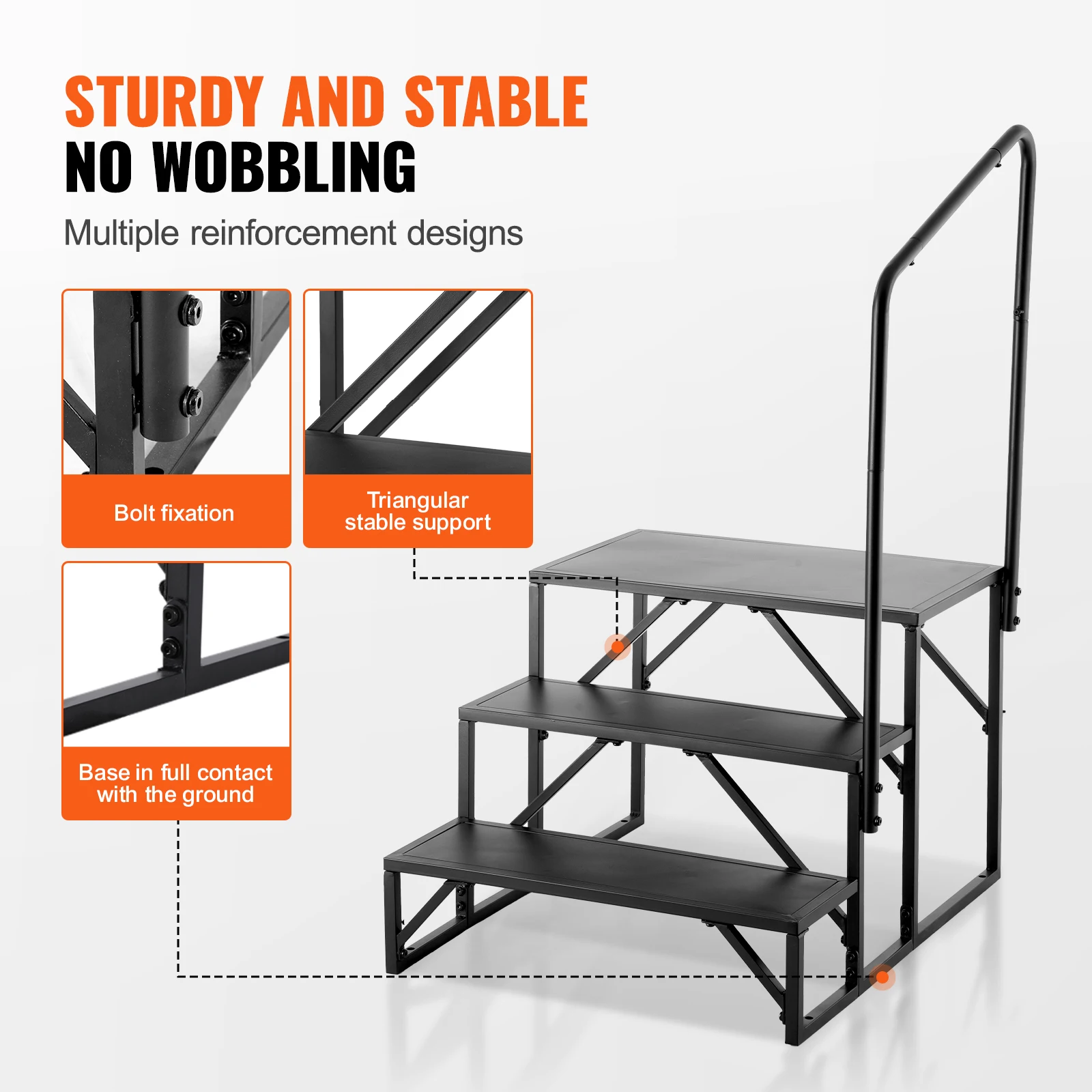 VEVOR RV Steps 3-Step RV Stairs 440 LBS Load Capacity Thickened Carbon Steel With Handrail Non-Slip Steps for Safe Entry Exit