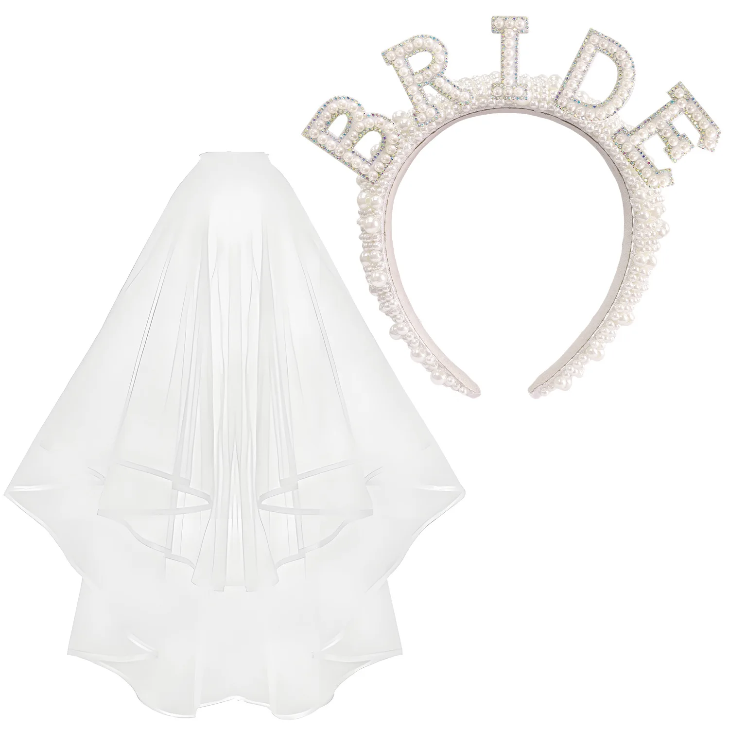 Perlenbraut Stirnband Schleier Weiße Perle Braut Haarband Krone Brautparty Dekoration Braut zu sein Bachelorette Junggesellinnenabschied Zubehör – Detail 9
