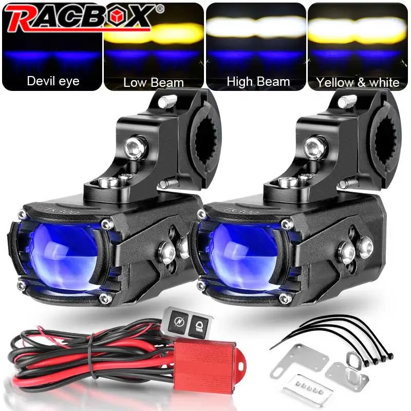 Motorcycle Fog light Led Spotlight Hi-Lo beam with blue Demon eye
