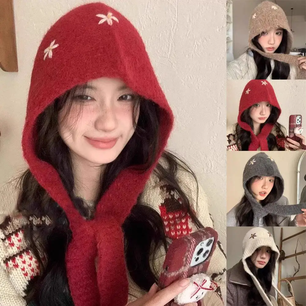 Korean Style Knitted Balaclava Hat With Embroidered Flowers Winter Warm Woolen Neck Collar Beanies Cap Coldproof Pullover Cap