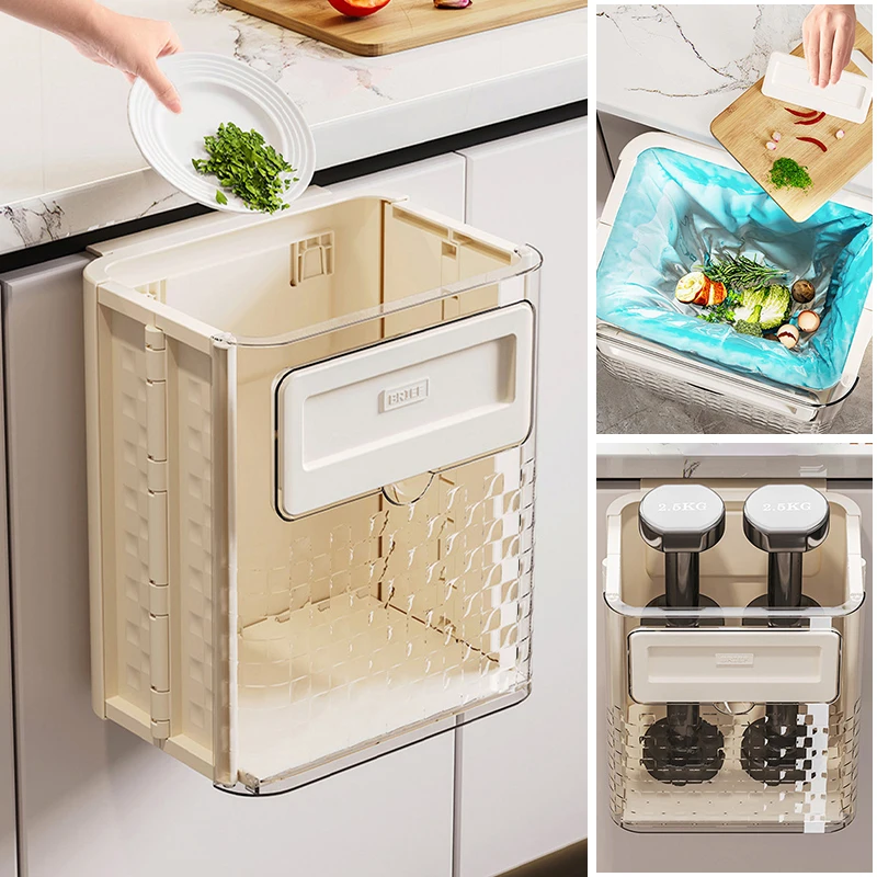 

Hanging Trash Can Lid Large Capacity Collapsible Kitchen Garbage Basket Cabinet Door Bathroom Wall Mounted Trash Bin Dustbin