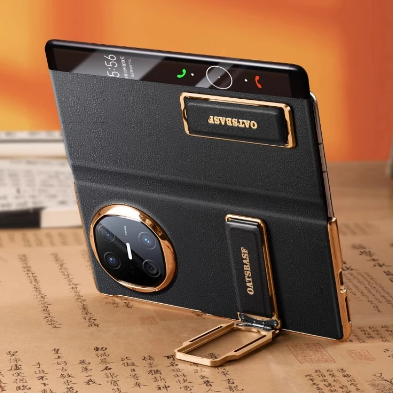 حافظة هاتف جلدية بحزام مزدوج من Oatsbasf لهاتف Huawei Mate X6 مع حامل 360 °   أغطية كاملة لنافذة الرؤية الذكية القابلة للدوران