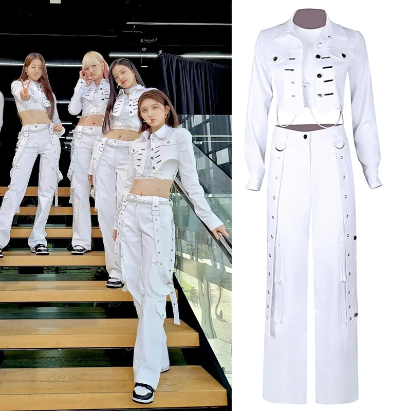 Kpop Korean New Women White Slim Crop Top Cargo Pants Concert Outfits Festival Clothes Lady Stage Rave Hip Hop Vest Dancer Suits