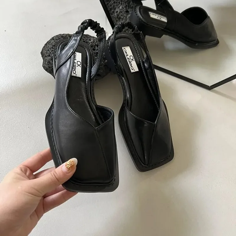 2023 Summer Elegant Ladies Sandals Fashion Ladies Elastic Band Flat Heel Women Shallow Party Shoes Square Heel 35-40 Square Toe