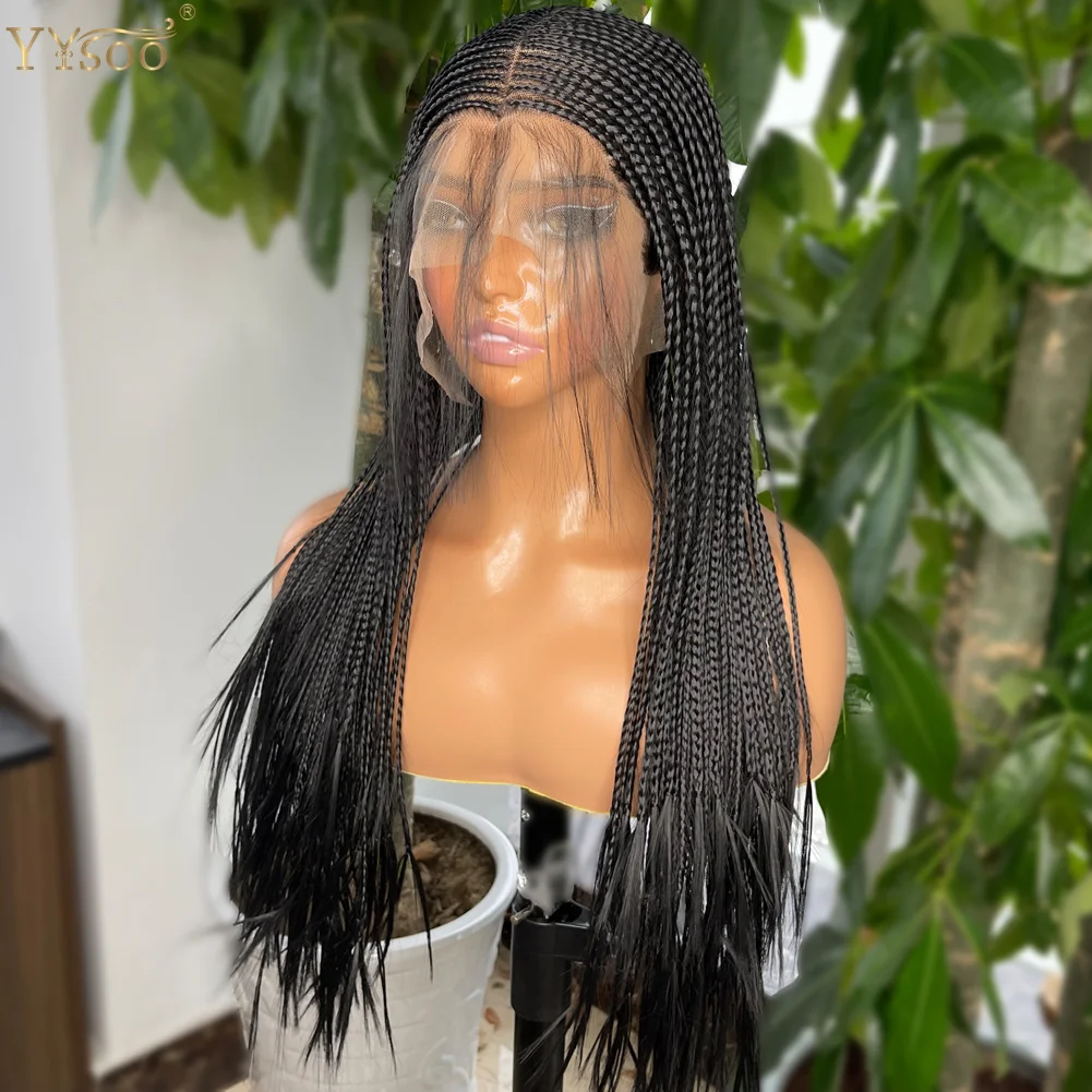 Long Black Color 13x6 Micro Braided Synthetic Lace Front Wigs for Black Women Middle Part Half Hand Tied Box Braided Wig