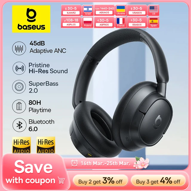 Baseus EH10 NC ANC Wireless Headphones 45dB Adaptive Hybrid Noise Cancelling Headsets Hi-Res LDAC Headphone Bluetooth 6.0 80Hrs
