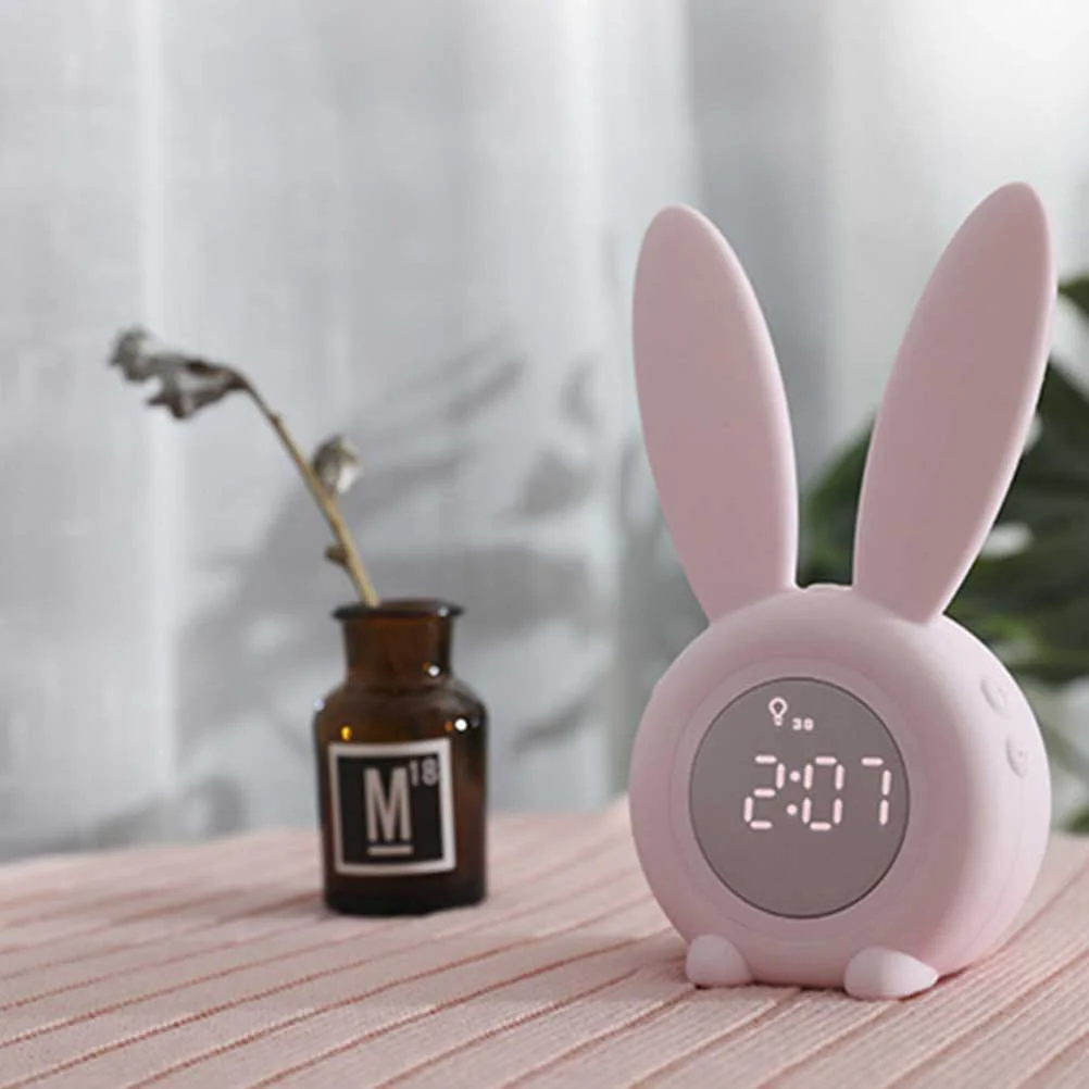 Pink Alarm Clock Table Silicone Charge Student Cartoon Rabbit Shaped Easy Time Setting 5