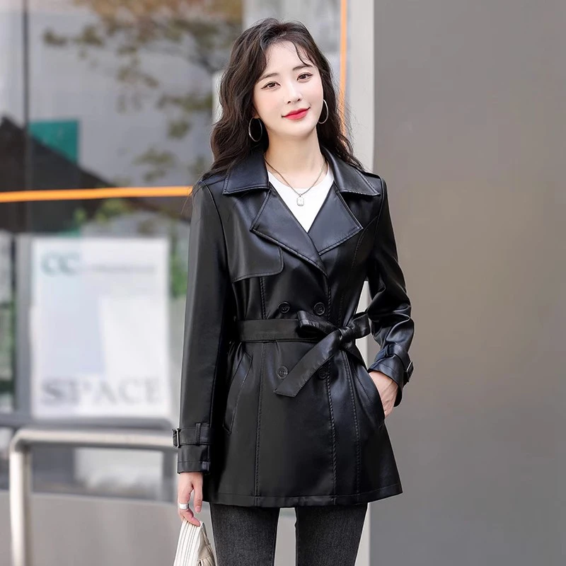 New Women Leather Coat Spring Autumn Fashion Turn-down Collar Double Breasted Lace-up Slim Trench Coat Split Leather Outerwear 2021 new trench coat for women streetwear casual spring turn down collar double breasted autumn long coat black female clothes