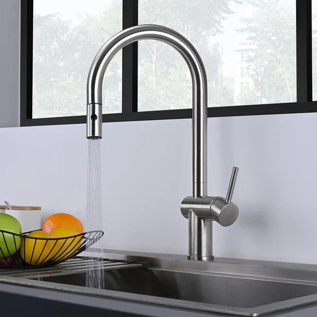 ก๊อกน้ำห้องครัวสีโรสโกลด์ขัดเงา สแตนเลส 304 แบบดึงออกได้ พร้อมหัวฉีดน้ำร้อนน้ำเย็น 3