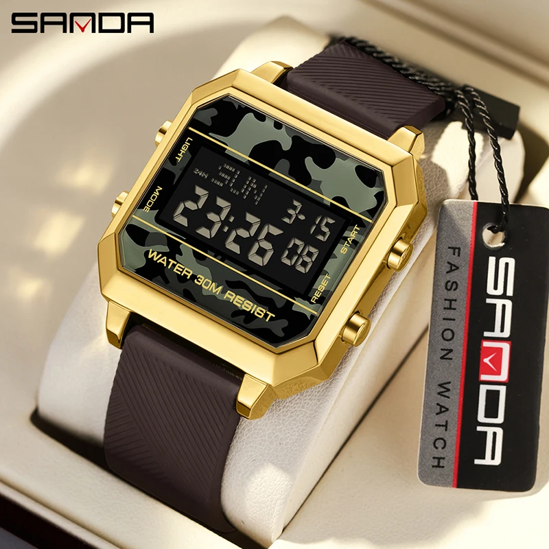 SANDA Watch Square Electronic Watch Multi functional Waterproof Alarm Clock Night Glow Electronic Watch Student Fashion Sports