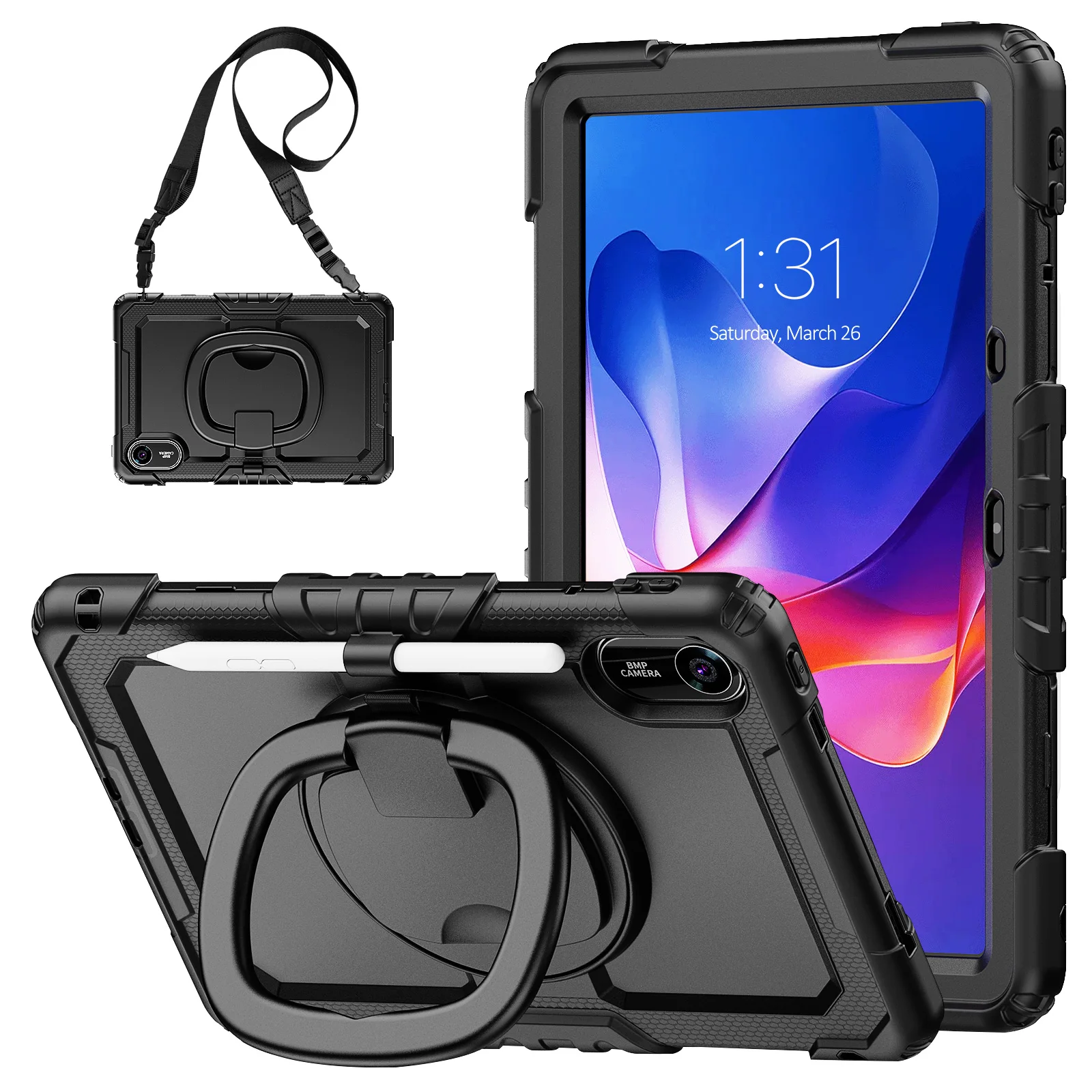 Durable 360° Rotating Kickstand Protective Case with Handle Grip and Shoulder Strap