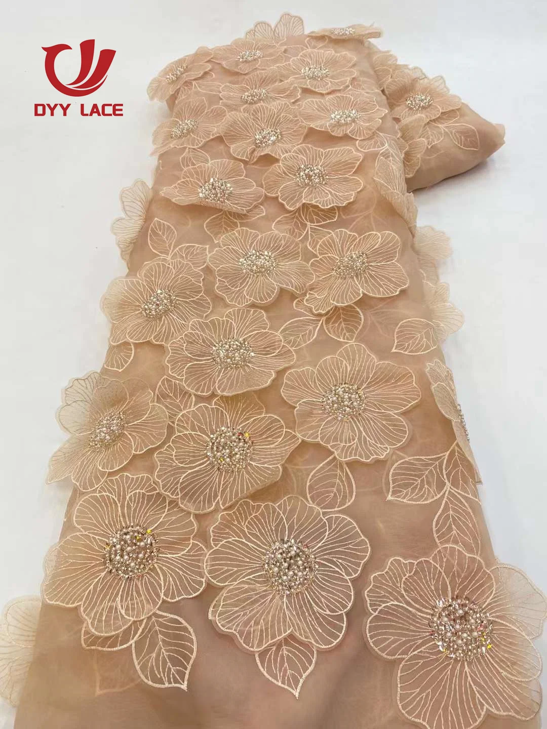 

2024 африканская кружевная ткань высокого качества, французская 3D Цветочная вышивка, бусины, тюль, кружевная ткань для фотоплатья, 5 ярдов