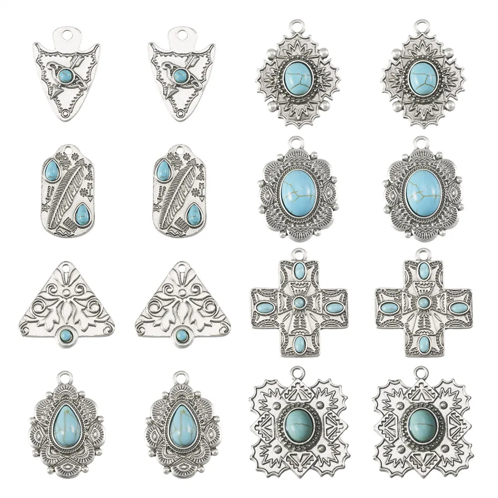 

16Pcs Bohemian Pendants Antique Silver Color Geometric Synthetic Turquoise Charms for DIY Earrings Necklace Women Jewelry Making