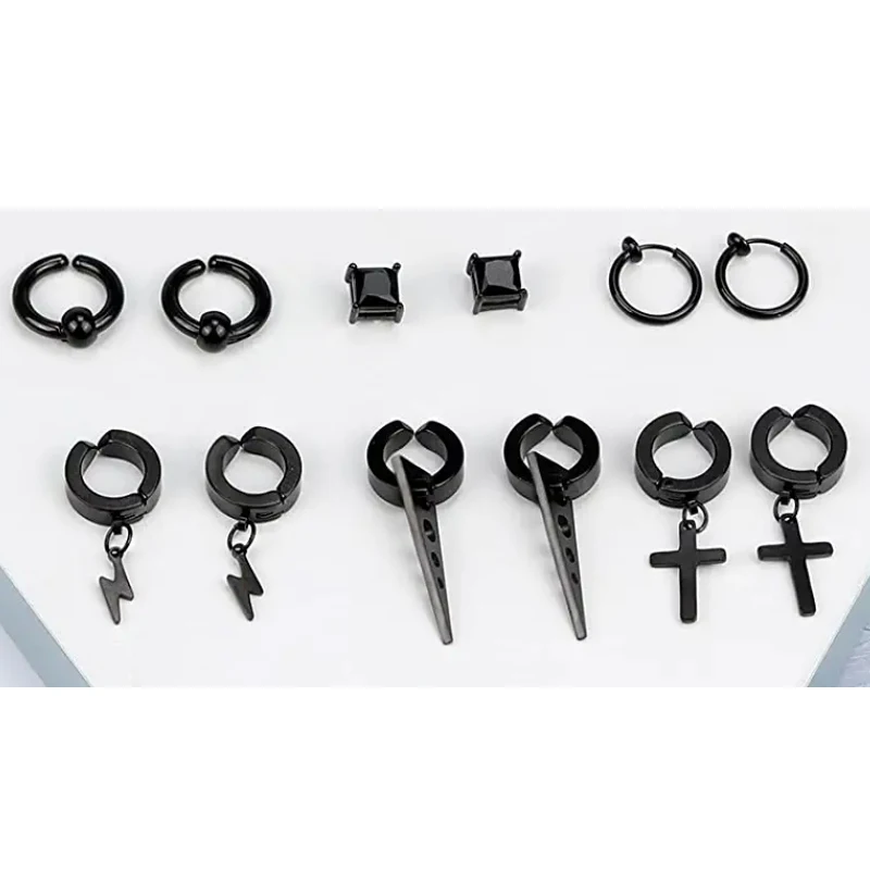 2 Pcs/30 Pcs Magnetic Black Clip On Earrings Men Women Hoop Dangle Helix Earrings Stainless Steel Non-Piercing Set 2