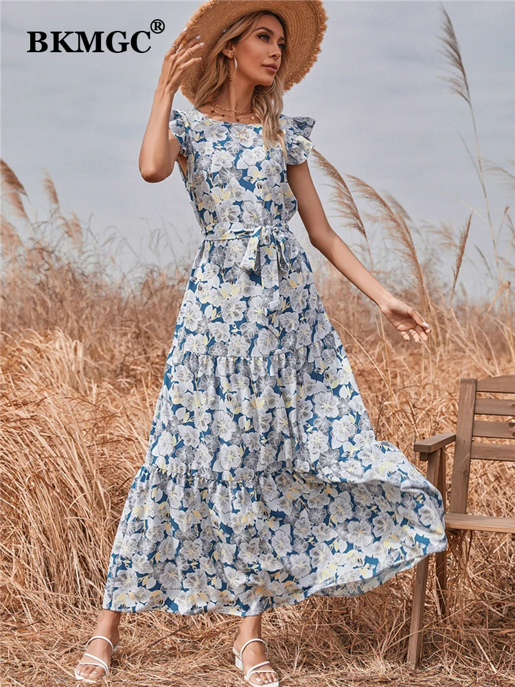 

BKMGC Long Maxi Dresses For Women Fashion Casual Sleeveless Belt Elastic Ruffle Floral Printed Summer #6293
