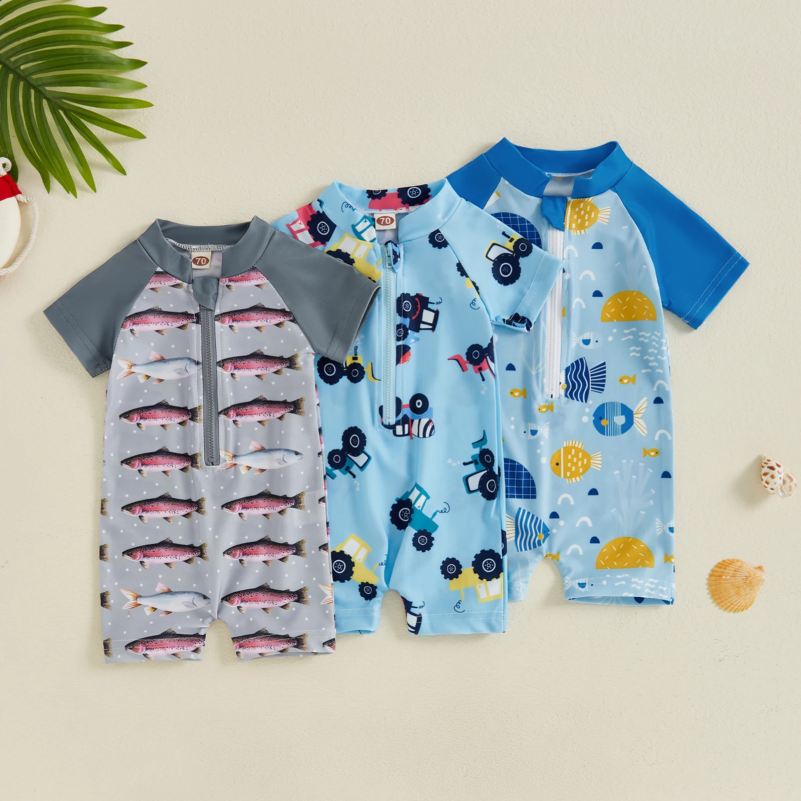 Summer Toddler Baby Boys Zip Up Rash Guard Tractor Fish Print Short Sleeve Swimwear Children Beachwear Bathing Suit Swimsuit