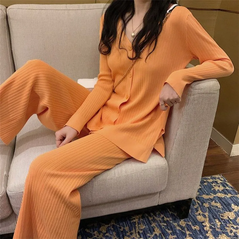 Knitted Suit V-neck Cardigan Jacket Casual Straight Leg Wide-leg Pants Look Slimmer Two-piece Woman Tide  Can Be Worn Outside 2020 new autumn and winter women s check suit korean fashion small fragrant style knitted cardigan wide leg pants two piece tide