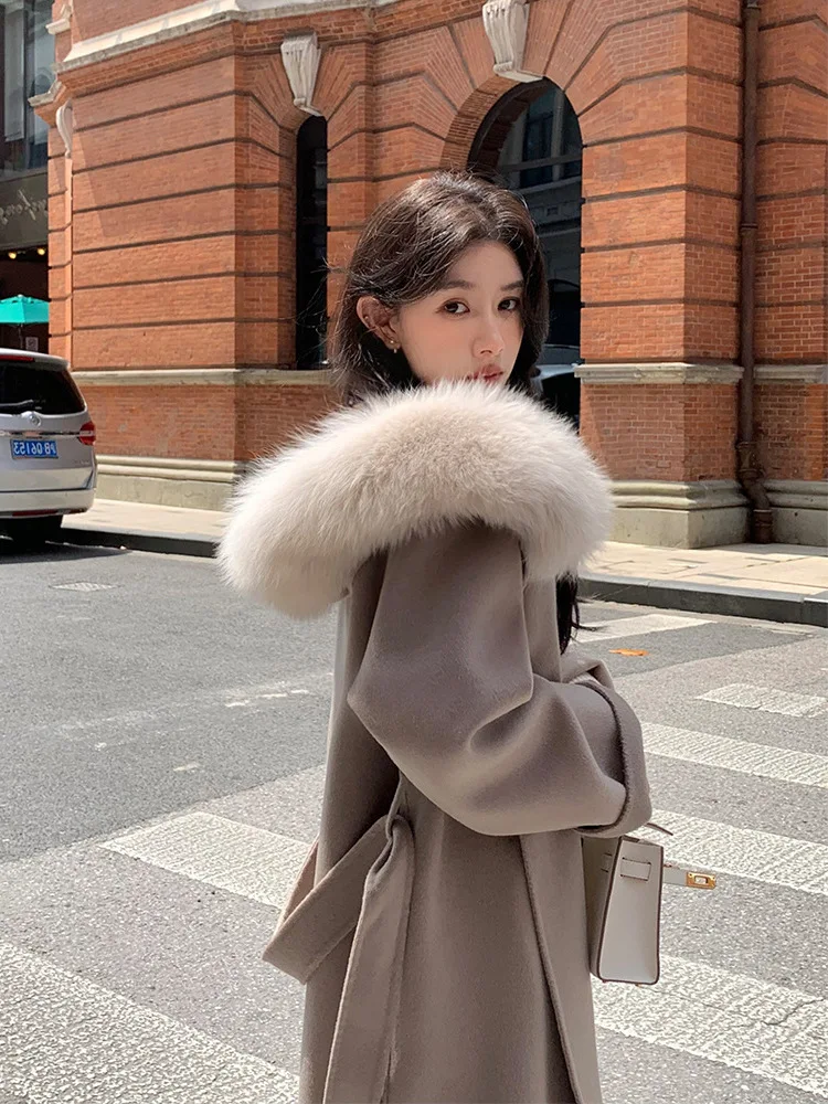 

2023 New Design hooded natural fox fur Woolen Coat Female genuine fox fur Woolen Outerwear jackets