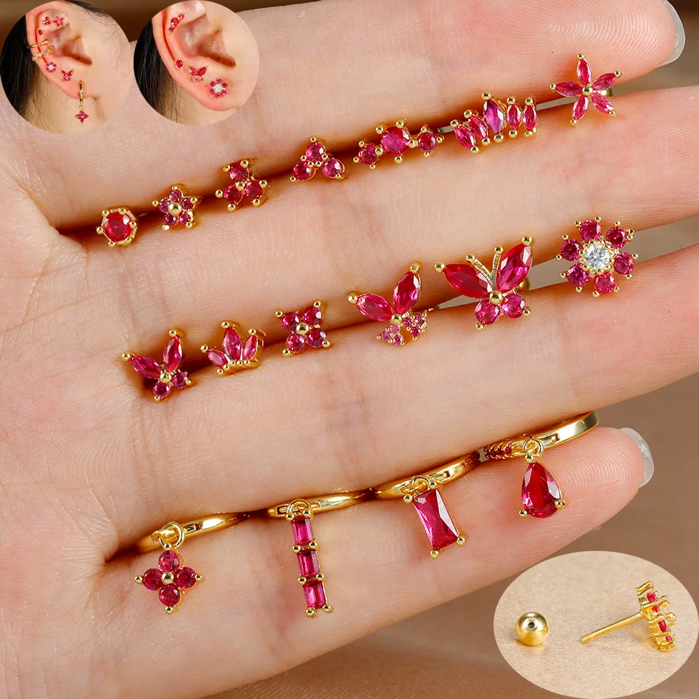 زهرة من الستانليس ستيل الأحمر الزركون الصغيرة قرط الاذن المرصع ليتل اللولب الزنمة المسمار الخلفي الغضروف ثقب القرط مجوهرات للجسم 1 قطعة