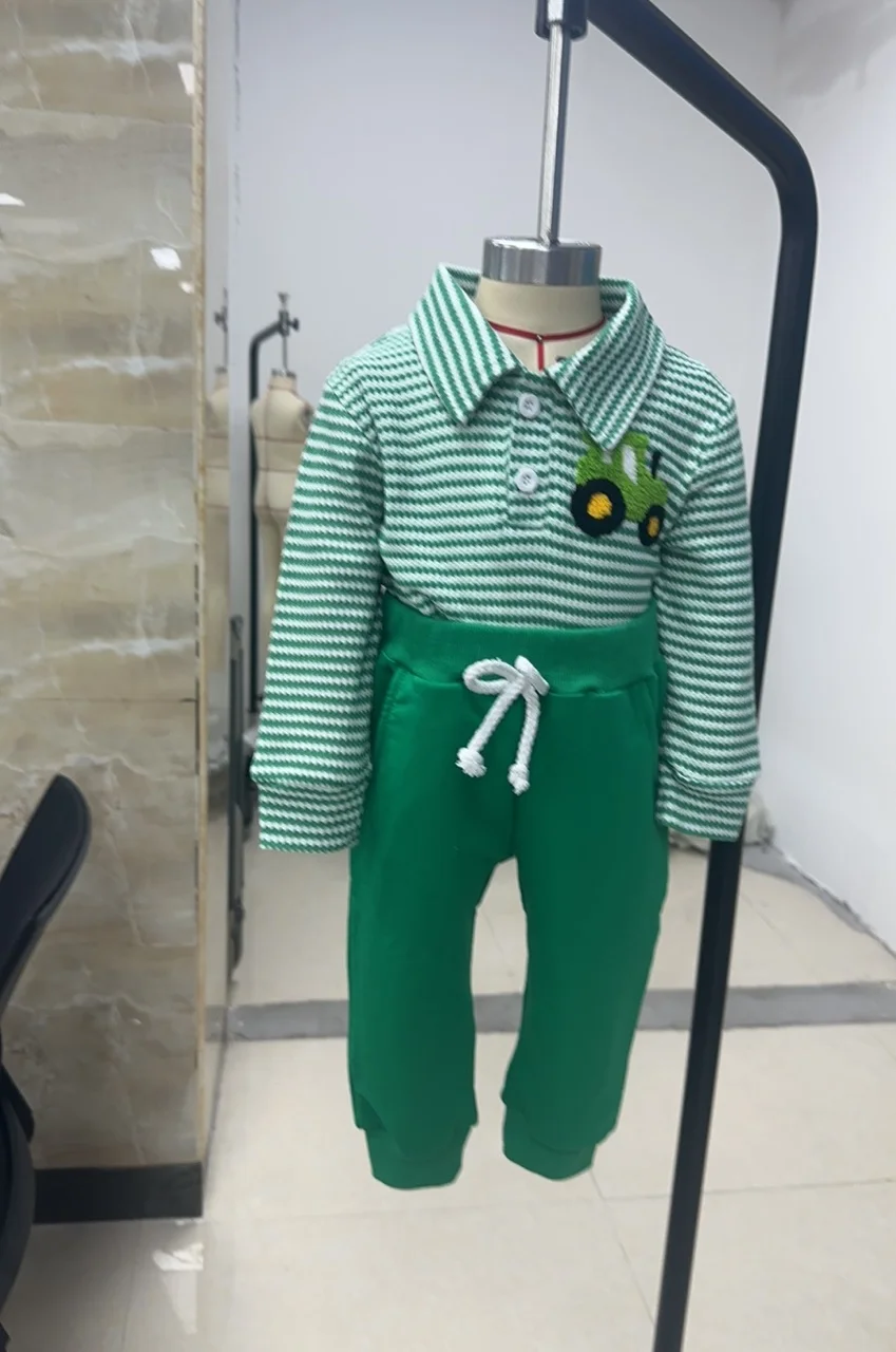 Vêtements pour bébé garçon 2 pièces tenues à manches longues revers camion broderie hauts rayés pantalons ensemble de vêtements
