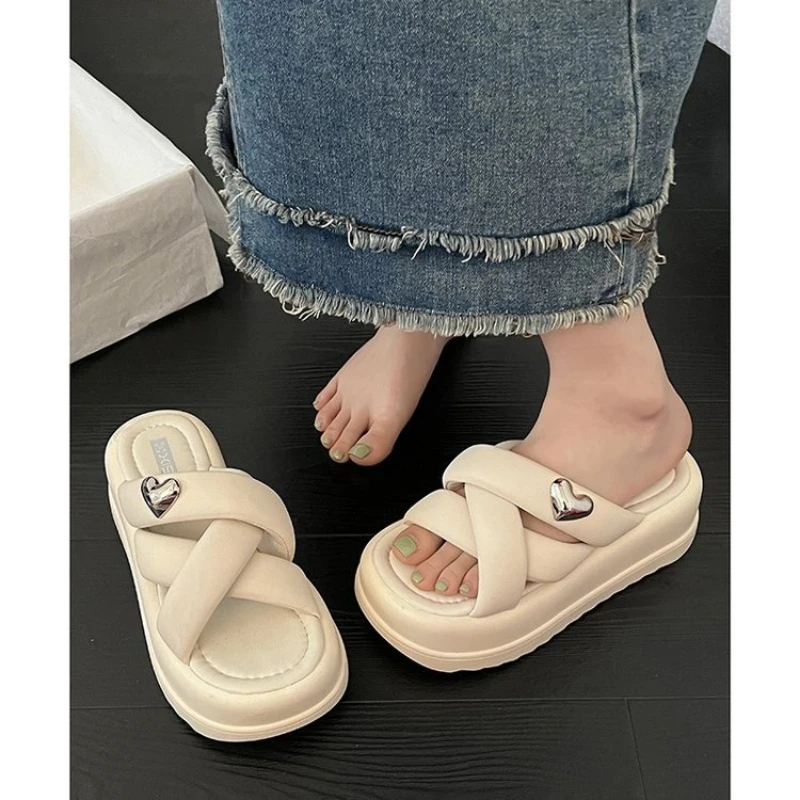 2023 EVA Thick Sole Women's Slippers 7cm Matsutake Bottom Elevated Anti Slip Solid Color Slippers for Casual Outwear Slippers