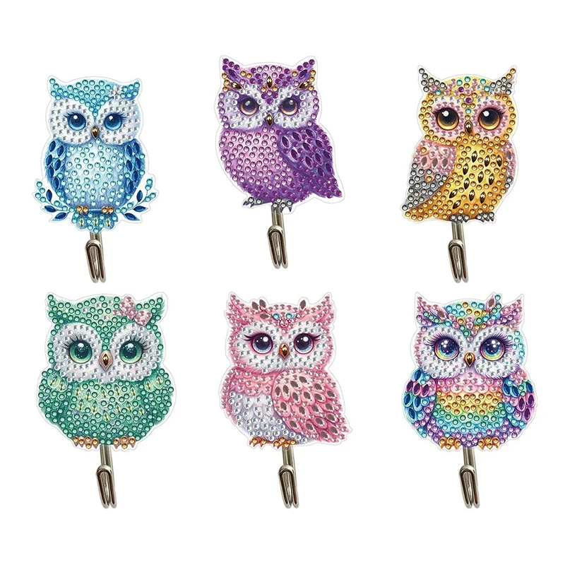DiaPai 6pcs/set DIY Crystal Wall-mounted Key Hook Kit Special-shaped Owl Diamond Painting Rhinestone Embroidery Home Decor Gift